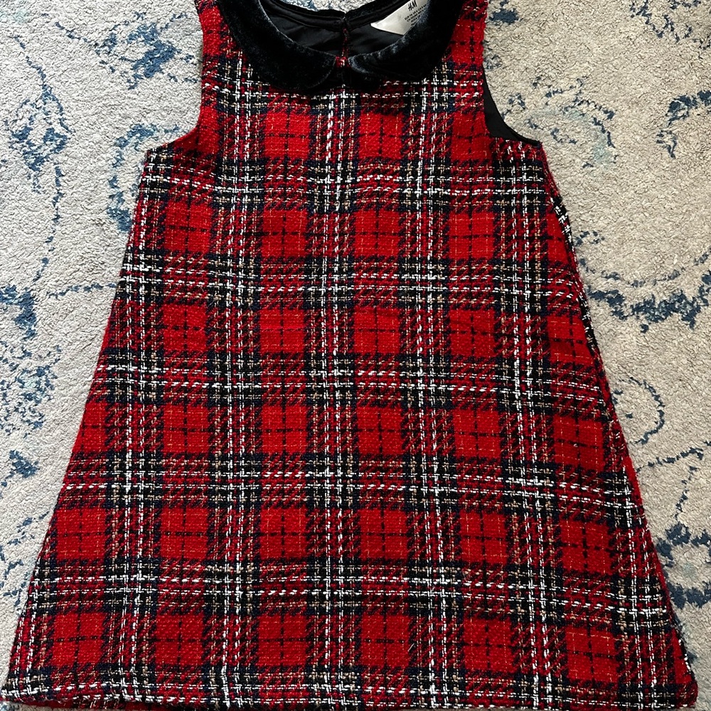 Red Plaid Sleeveless Dress with Black Velvet Collar